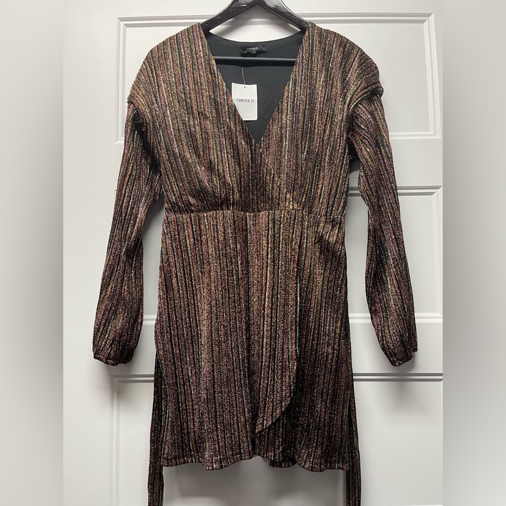 Forever 21 Metallic Multi-Stripe Long Sleeve Wrap Dress